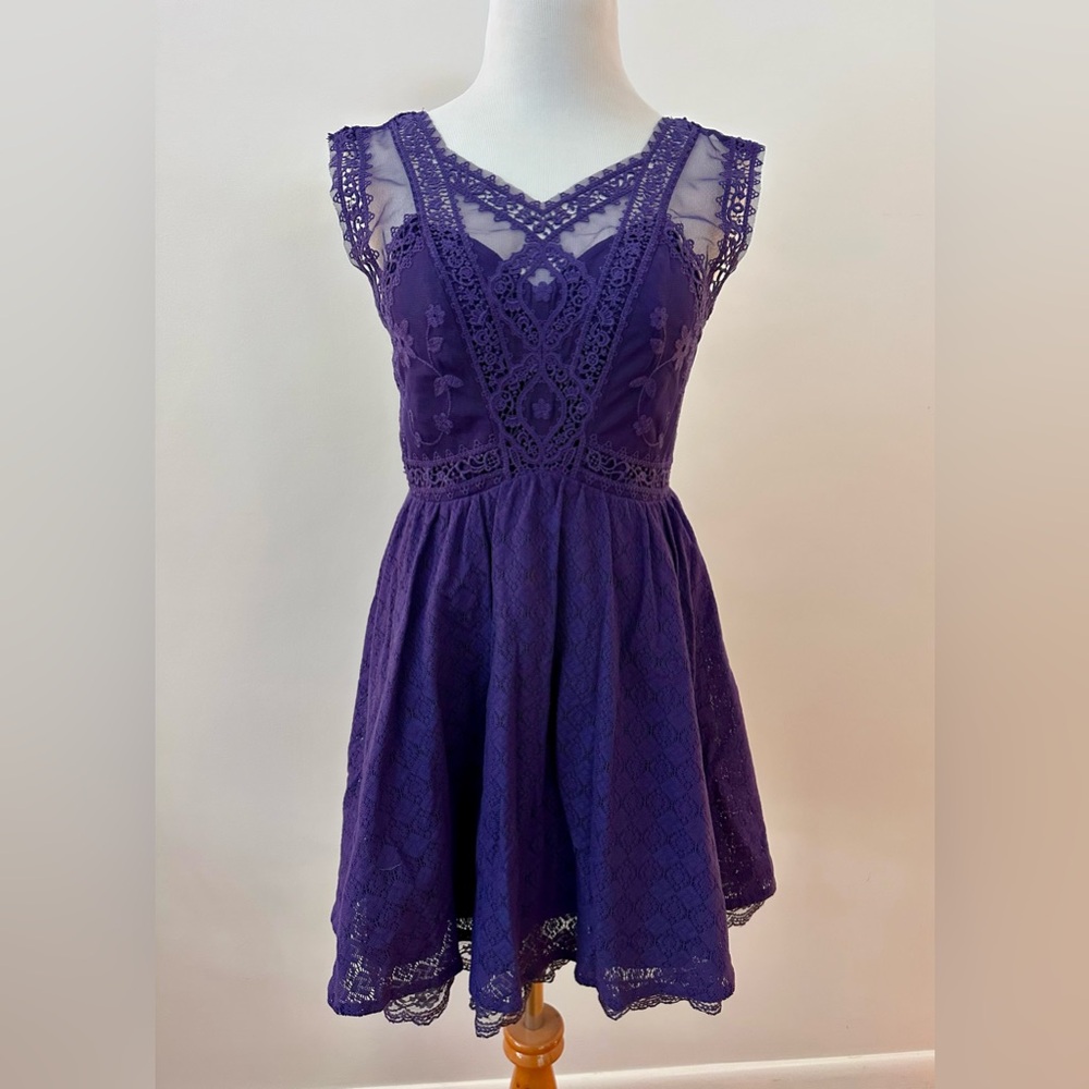 Free People Victoria Purple Lace Semi-sheer Mini Dress